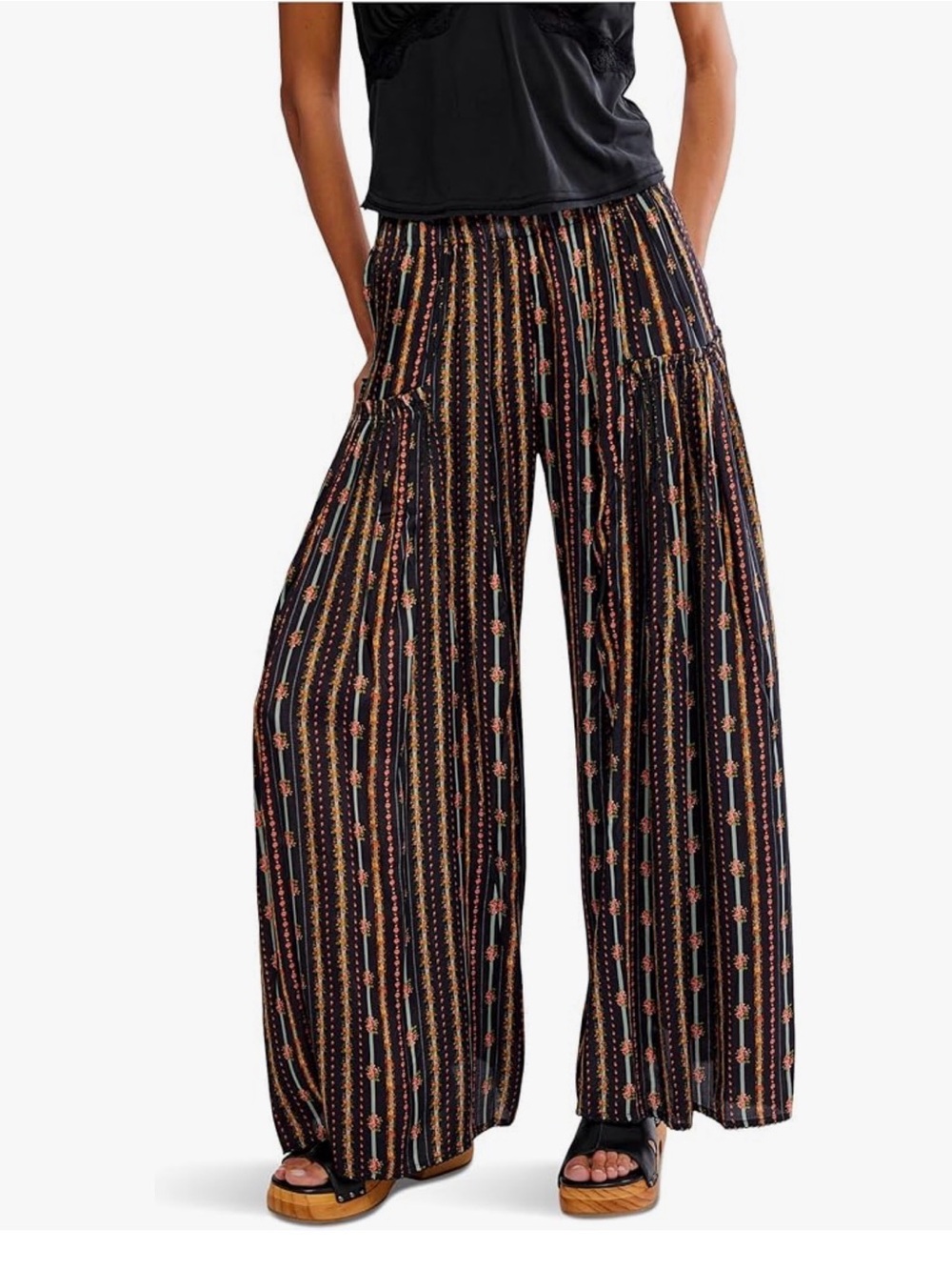 Free People So Charming wide-leg pants Sz S bohemian-inspired charcoal floral
